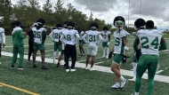 Marcus Sayles (8) practising with the Riders' DB's for the first time since being signed. Riders practice on June 3, 2024 was held at U of R. (Brit Dort / CTV News)