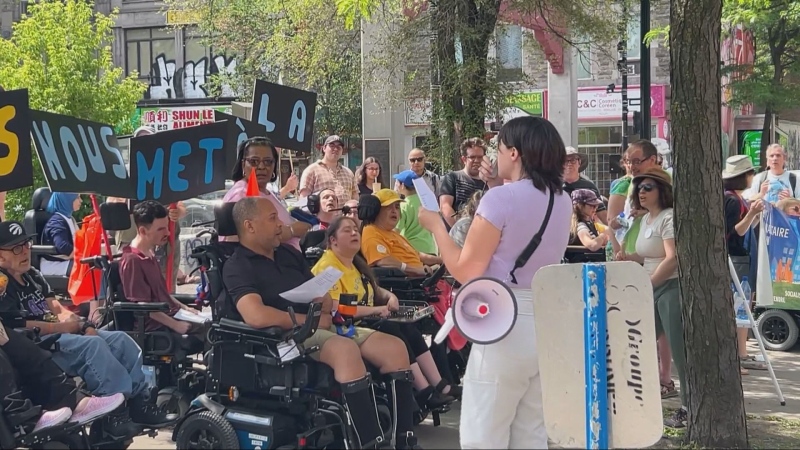 Clients who use Radisson Centre's services protested during the lunch hour on Tuesday, June 4, 2024, as the centre is facing eviction from its building. (CTV News)