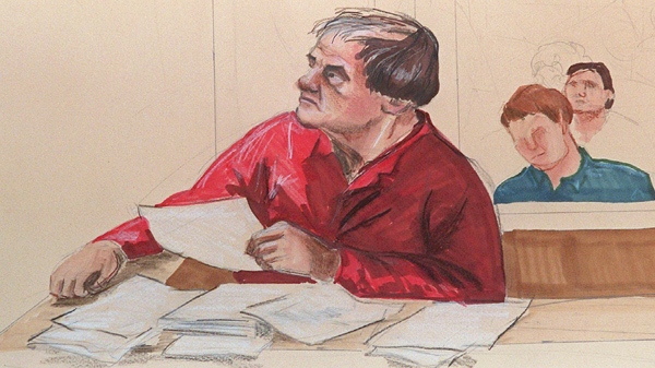 This artist's sketch shows Clifford Olson as he appeared during the second day of his hearing at the Supreme Court in Surrey, B.C. on Aug. 19, 1997. (THE CANADIAN PRESS / Felicity Don)
