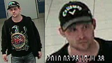 Police released surveillance camera images of a suspect after 10 Canucks hockey jerseys were stolen from a car dealership on Marine Drive. March 31, 2010. (Handout)