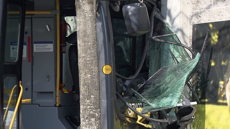 A TransLink bus crashed into the Newton Wave Pool in Surrey, B.C., on Sunday, April 11, 2010. (CTV)