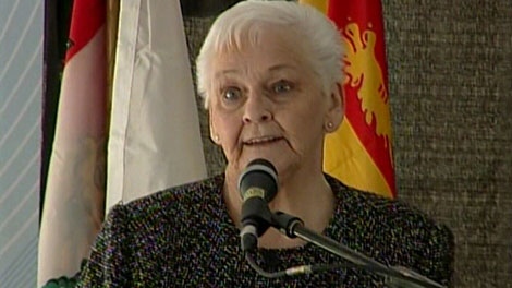 Betty Fox, mother of Terry Fox, gives a speech about her son in Newfoundland at the site where Terry began his run. April 12, 2010. (CTV)