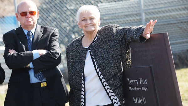 Rolly and Betty Fox at the permanent marker of where Terry began his Marathon of Hope 30 years ago, in St. John's, N.L. on Monday, April 12, 2010. (Paul Daly / THE CANADIAN PRESS)
