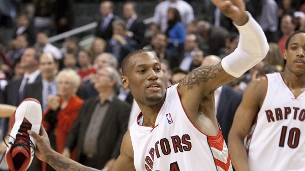 Toronto Raptors forward Sonny Weems throws his shoe into the crowd after NBA action against the New York Knicks in Toronto on Wednesday April 14, 2010. (Frank Gun / THE CANADIAN PRESS)  