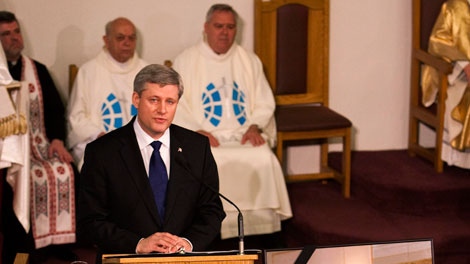 Prime Minister Stephen Harper speaks during a memorial mass in Mississauga, Ont., on Thursday, April 15, 2010. (Nathan Denette / THE CANADIAN PRESS)