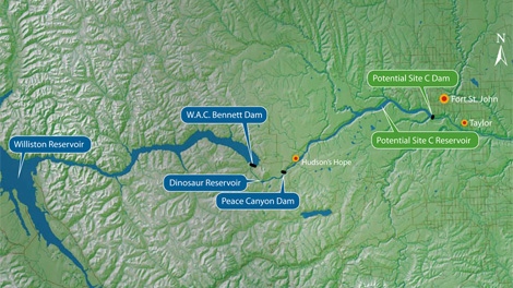 A map of northern B.C. indicating proposed Site C dam locations. (BC Hydro)