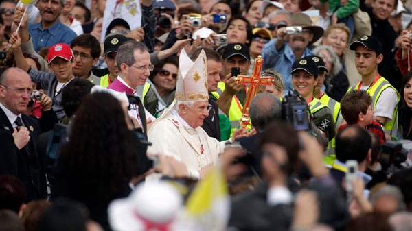 Pope Bendict XVI arrives to celebrate a mass at the Granaries in Floriana, Malta, Sunday, April 18, 2010. (AP / Andrew Medichini)