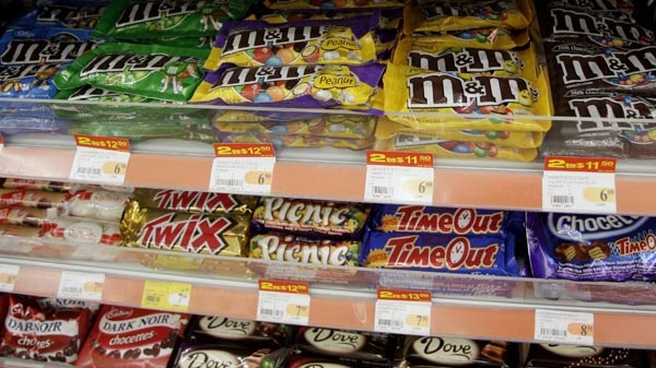 Candies and chocolates are displayed for sale at a store in Hong Kong on Monday, Sept. 29, 2008. (AP / Kin Cheung)