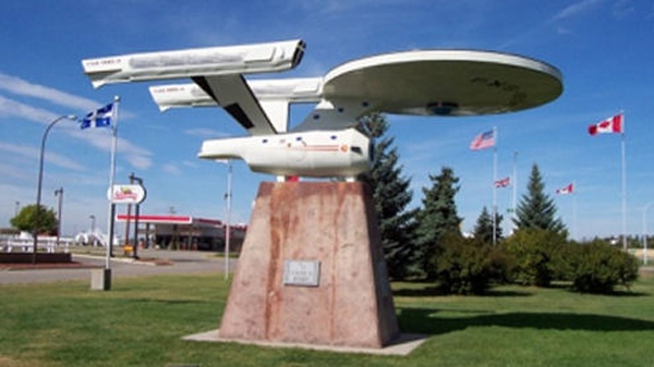 A model of the Starship Enterprise greets visitors to the town of Vulcan, Alta.