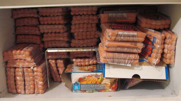 The 450 hotdogs that McMaster University student Jim Harrison intends to eat sit in his freezer in this undated photo.