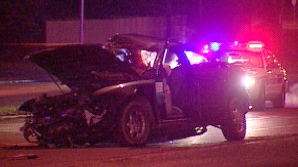 One of the vehicles involved in the crash is seen here at the scene of the collision on 66 Street near 31st Avenue.  