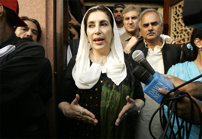 Benazir Bhutto speaks to media after paying her respects at the Allama Iqbar shrine in Lahore, Pakistan on Monday, Nov. 12, 2007. (AP / Wally Santana)