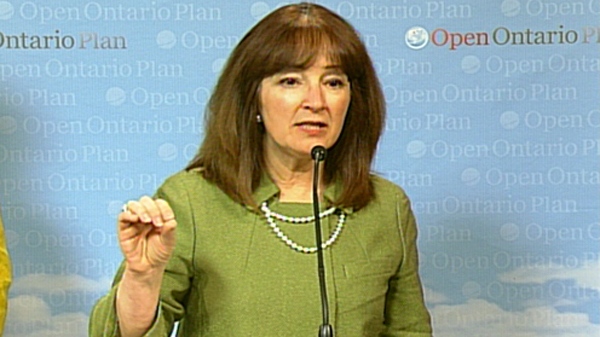 Education Minister Leona Dombrowsky speaks to reporters at Queen's Park in Toronto, Tuesday, April 27, 2010.