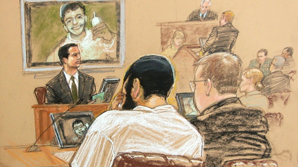 In this photo of a sketch by courtroom artist Janet Hamlin, reviewed by a U.S. Department of Defense official, Canadian defendant Omar Khadr, front left, sits with his defense team as FBI Special Agent Robert Fuller, top left, testifies during Khadr's pre-trial hearing in the courthouse for the U.S. Military War Crimes Commission at the Camp Justice compound on Guantanamo Bay U.S. Naval Base in Cuba, Thursday, April 29, 2010. (AP / Janet Hamlin)