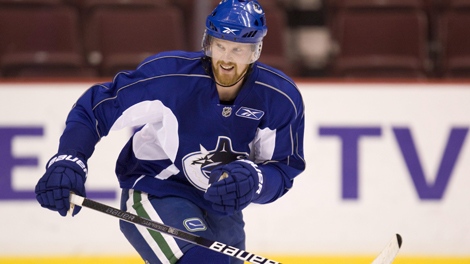 Vancouver Canucks' Daniel Sedin takes part in a practice at GM Place in Vancouver, Wednesday, April 28, 2010. The Canucks will play the Chicago Blackhawks in game one of the second round NHL playoffs in Chicago on Saturday. THE CANADIAN PRESS/Jonathan Hayward