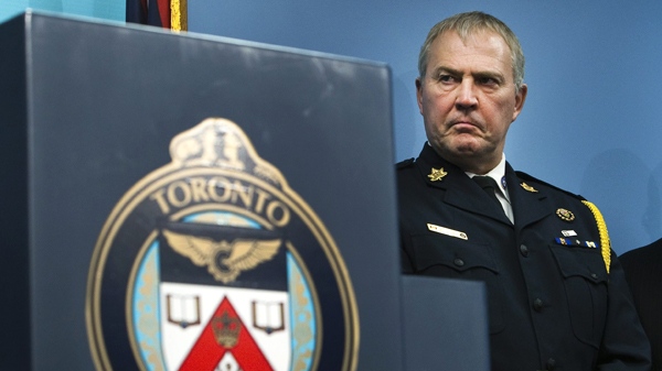 Bill Blair, chief of the Toronto Police Service, looks on after speaking at a press conference at headquarters in Toronto, Tuesday, May 4, 2010. (Nathan Denette / THE CANADIAN PRESS)  