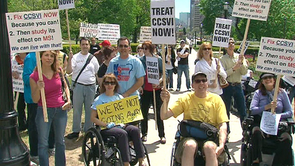MS patients rally for CCSVI, or chronic cerebrospinal venous insufficiency, in Toronto, Wednesday, May 05, 2010.