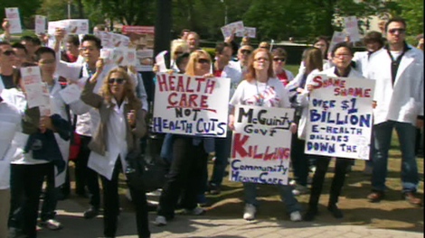 A group of Ontario pharmacists on Friday, May 7, 2010 protesting a decision by the Liberal government that will cut their incomes.