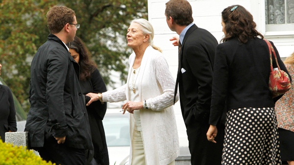 Actress Vanessa Redgrave, center, stands outside First Congregational Church of Kent in Kent, Conn., after the funeral for her sister Lynn Redgrave, on Saturday, May 8, 2010. (AP / Mike Groll)