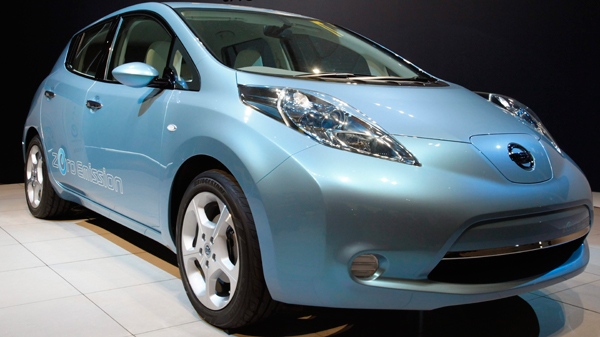 Nissan Motor Co.'s 'Leaf' zero-emission electric vehicle is displayed at a press event at the Japanese automaker's headquarters in Yokohama near Tokyo, Japan on March 30, 2010. (AP / Shizuo Kambayashi)