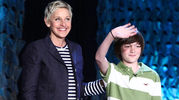 In this photo released by Warner Bros., talk show host Ellen DeGeneres, left, welcomes YouTube sensation Greyson Chance from Edmond, Okla. making his television debut performing 'Paparazzi' by Lady Gaga  during a taping of 'The Ellen DeGeneres Show' on Wednesday, May 12, 2010 on the Warner Bros. lot in Burbank, Calif. The episode airs on Thursday.