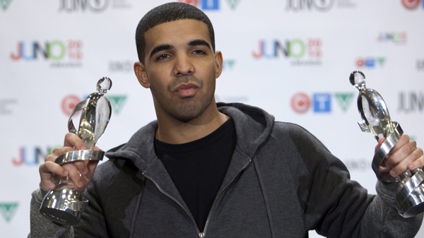 Double Juno winner Drake poses with his trophies at the Juno Awards, Sunday, April 18, 2010 in St. John's, N.L. (Ryan Remiorz / THE CANADIAN PRESS)  