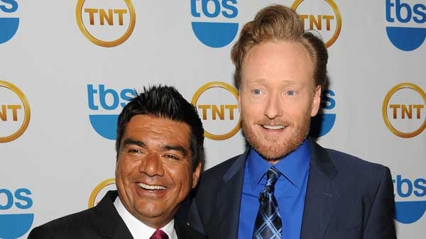 Talk show hosts George Lopez, left, and Conan O'Brien attend the TNT and TBS Upfront presentation at the Hammerstein Ballroom on Wednesday, May 19, 2010 in New York. (AP / Evan Agostini)