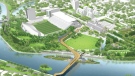 Several designs to redevelop Lansdowne Park's green space include a pedestrian footbridge over the Rideau Canal. Plan B also includes a man-made island.