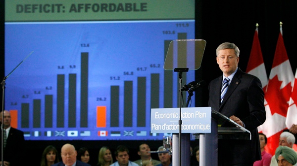 Prime Minister Stephen Harper speaks about the Canadian government's progress in implementing Economic Action Plan Initiatives, at a town-hall meeting in Cambridge, Ontario, June 11, 2009. (Dave Chidley / THE CANADIAN PRESS)