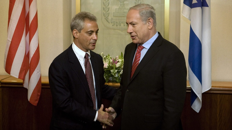 Israeli Prime Minister Benjamin Netanyahu, right, shakes hands with White House Chief of Staff Rahm Emanuel, during their meeting in Jerusalem, Wednesday, May 26, 2010. (AP Photo/Sebastian Scheiner, Pool)