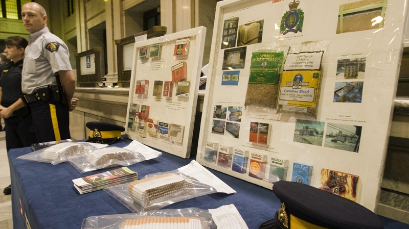 Contraband tobacco is displayed at a news conference where the Canada Border Services Agency announced it would begin using sniffer dogs to combat the illegal tobacco trade in Montreal, Friday, May 28, 2010. (Ryan Remiorz / THE CANADIAN PRESS)  