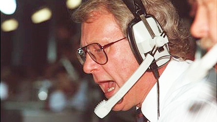 Play-by-play announcer Rod Phillips in the broadcast booth during the Edmonton Oilers' 1986-1987 season.  Image courtesy The Edmonton Oilers.