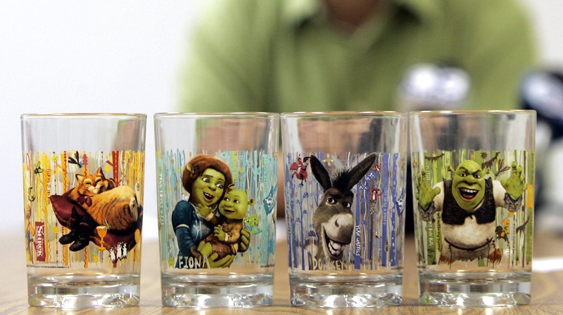 'Shrek'-themed drinking glasses are displayed during a news conference, at ARC International offices in Millville, N.J., Friday, June 4, 2010. The glasses are distributed by McDonald's restaurants and manufactured by ARC International. (AP / Rich Schultz)