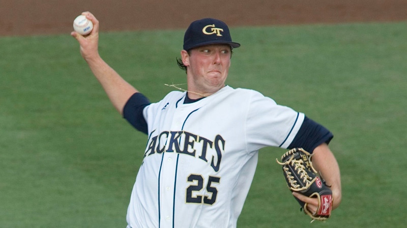 Georgia Tech's Deck McGuire pitches against Alabama during the first inning of an NCAA college regional tournament baseball game in Atlanta on June 5, 2010. (AP / John Amis)