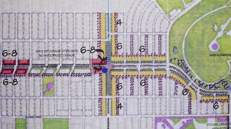 A map shows two blocks of apartment buildings planned along King Edward Avenue. June 10, 2010. (City of Vancouver)