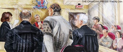 An artist drawing of serial killer Robert Pickton, fourth from left, listening to the guilty verdict in BC Supreme Court in New Westminster, B.C. on Sunday, December 9, 2007. THE CANADIAN PRESS / Felicity Don