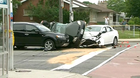 One person was killed in a three-car crash in Toronto's west end on Saturday, June 12, 2010.