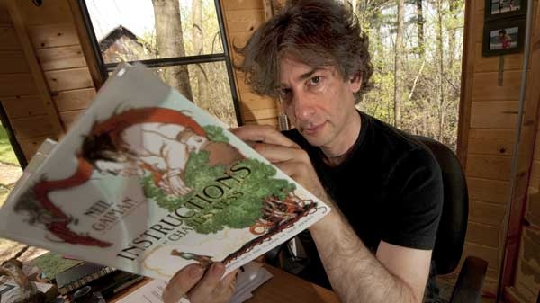 Best-selling author Neil Gaiman, 49, poses in his writing gazebo at his home in western Wisconsin in this April 23, 2010 photo. (AP / Craig Lassig)