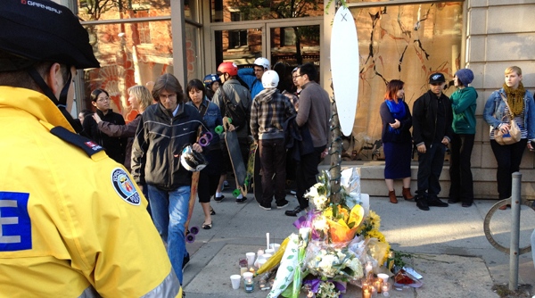 Friends and fellow skateboarders held a vigil for Ralph Bissonnette on Wednesday, May 16, 2012. Bissonnette, 28, was killed after being hit by a taxi while riding his skateboard on Monday. CTV News/Danny Pinto