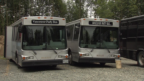 Nearly every vehicle in the fleet at Vancouver Party Bus headquarters in Surrey, B.C., has been taken off the road after government inspectors found numerous mechanical problems, June 17, 2010. (CTV) 