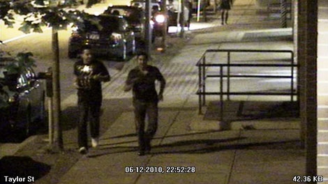 Surveillance footage shows two men suspected in the beating of gay couple in downtown Vancouver on June 12, 2010. (VPD handout)