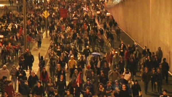 Thousands of protesters fill the streets during another a night of demonstrations in Montreal on Wednesday, May 16, 2012.