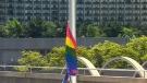 A rainbow flag at city hall marks International Day Against Homophobia and Transphobia, Thursday, May 17, 2012.