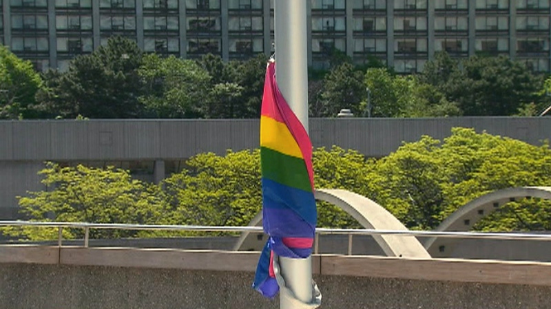 A rainbow flag at city hall marks International Day Against Homophobia and Transphobia, Thursday, May 17, 2012. 