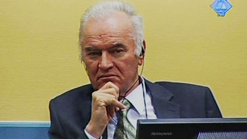 Former Bosnian Serb military commander Gen. Ratko Mladic is seen on the second day of his trial at the Yugoslav war crimes tribunal in The Hague, Netherlands Thursday May 17, 2012. (ICTY video)