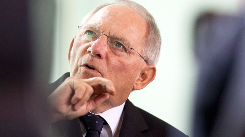 German Finance Minister Wolfgang Schaeuble speaks as he arrives for the weekly cabinet meeting at the chancellery in Berlin, Wednesday, May 16, 2012. (AP / Markus Schreiber)