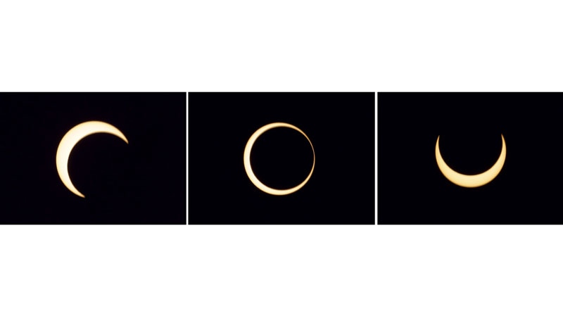 File-In this Jan.15,2010 file photo showing a combination of three separate photographs, the various stages of an annular solar eclipse seen over Anuradhapura, Sri Lanka. An annular solar eclipse occurs when the moon blots out all but a ring around the sun. This year's solar show can be viewed from eastern Asia to parts of North America.