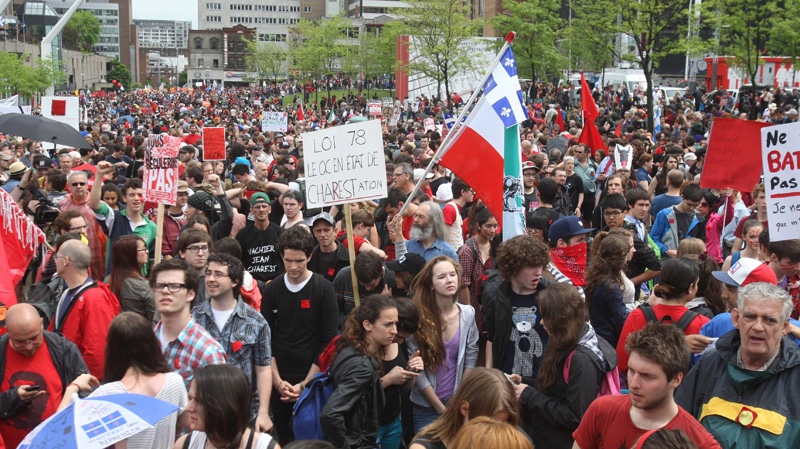 People gather at the start of a protest to mark the 100th day of a students strike, in Montreal, Tuesday, May 22, 2012. (Ryan Remiorz / THE CANADIAN PRESS)