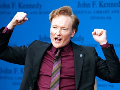 Conan O'Brien discusses his life and the art of comedy during a forum at the John F. Kennedy Presidential Library in Boston on Thursday, May 24, 2012. (AP Photo/Michael Dwyer)