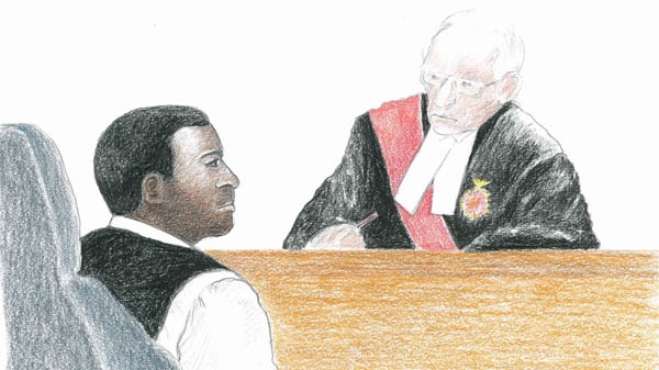 Jacques Mungwarere and Justice Charbonneau are shown in a courtroom in Ottawa on Monday, May 28, 2012. (Sarah Wallace / THE CANADIAN PRESS)